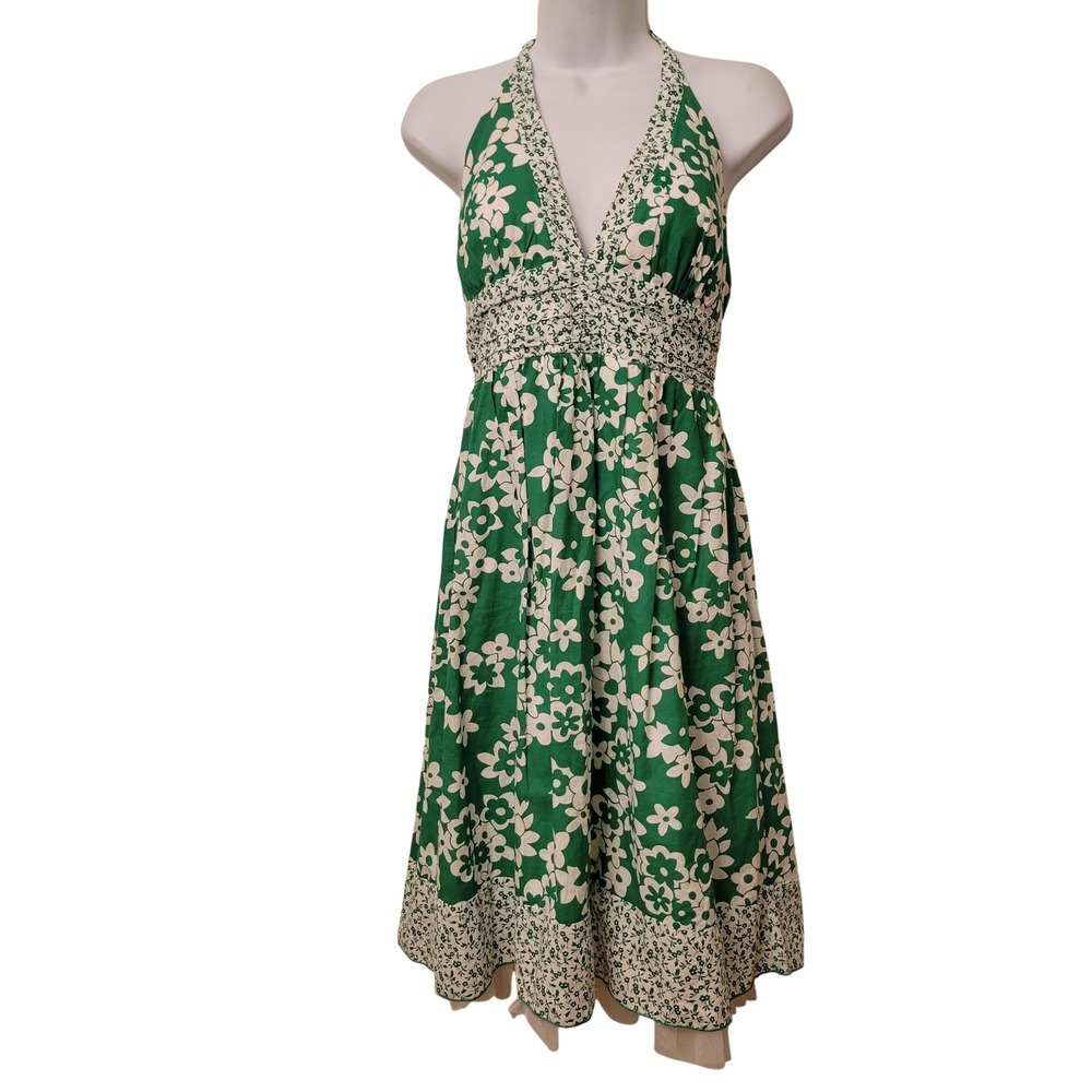 My Michelle 90s Y2K Green White Floral Halter Dress Tulle Hem 9 10 Coquette